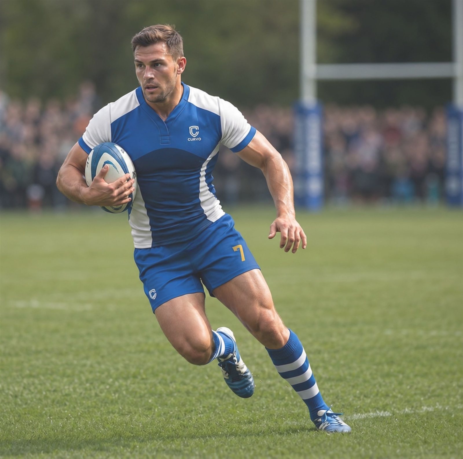 Player in match action wearing Curvo rugby kit