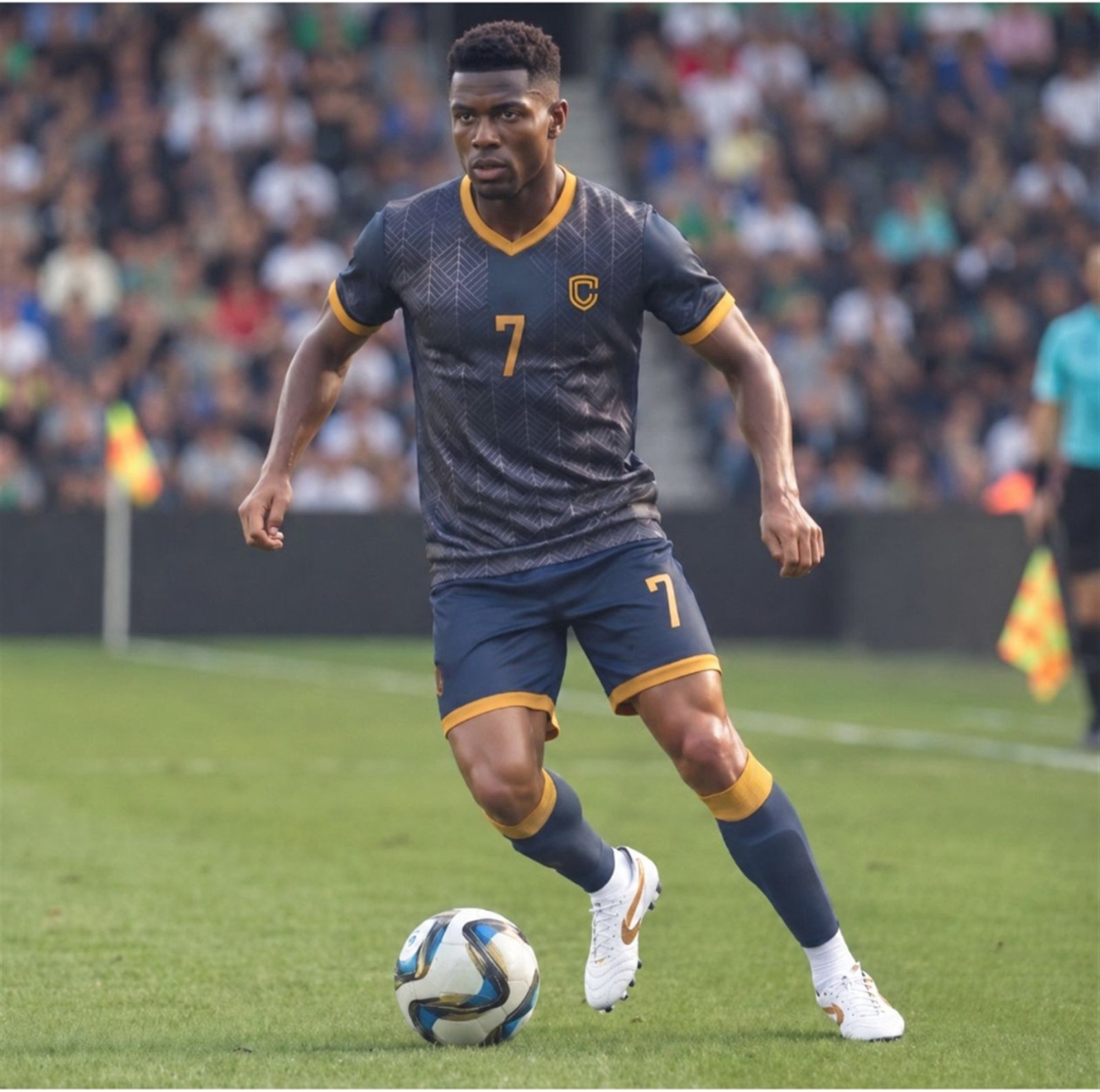 Player in match action wearing Curvo football kit
