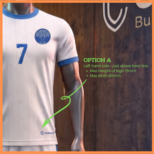 Option A — logo placement on left hem, just above the hemline