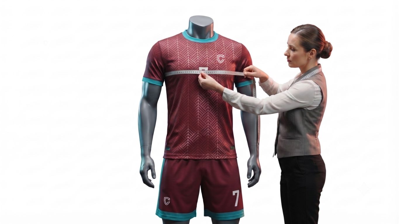 Measuring the chest width of a Curvo jersey on a mannequin